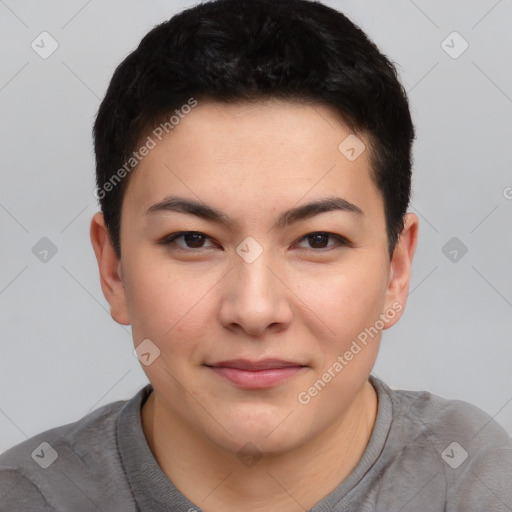 Joyful asian young-adult female with short  black hair and brown eyes