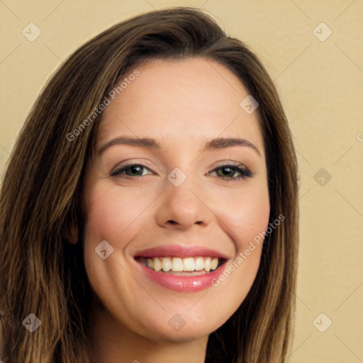 Joyful white young-adult female with long  brown hair and green eyes