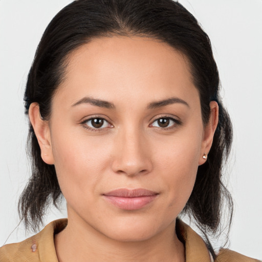 Joyful white young-adult female with medium  brown hair and brown eyes