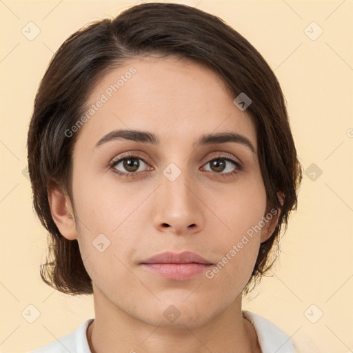 Neutral white young-adult female with medium  brown hair and brown eyes