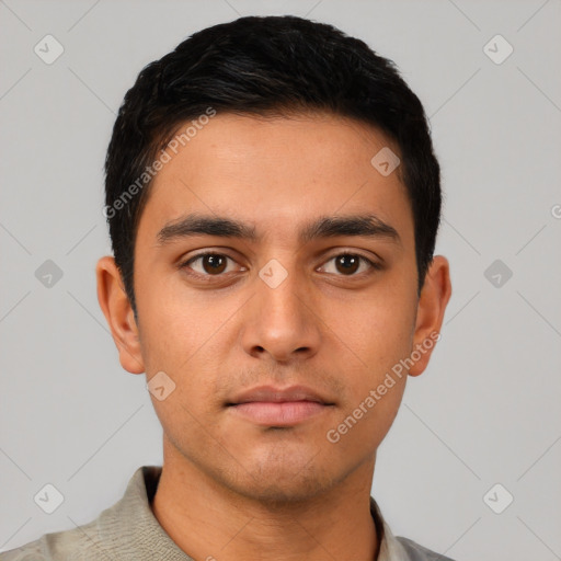 Neutral latino young-adult male with short  black hair and brown eyes