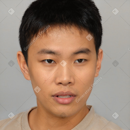 Neutral asian young-adult male with short  brown hair and brown eyes