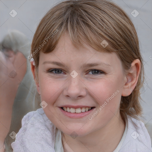 Joyful white child female with medium  brown hair and blue eyes