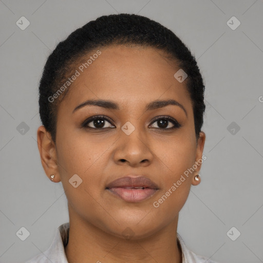 Joyful black young-adult female with short  brown hair and brown eyes