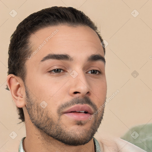 Neutral white young-adult male with short  brown hair and brown eyes