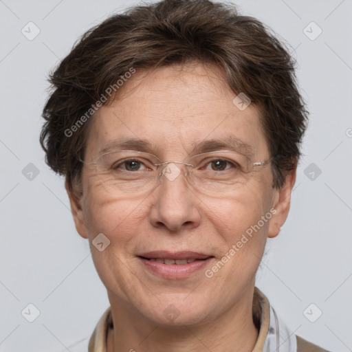 Joyful white adult female with short  brown hair and brown eyes