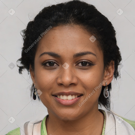 Joyful latino young-adult female with short  black hair and brown eyes