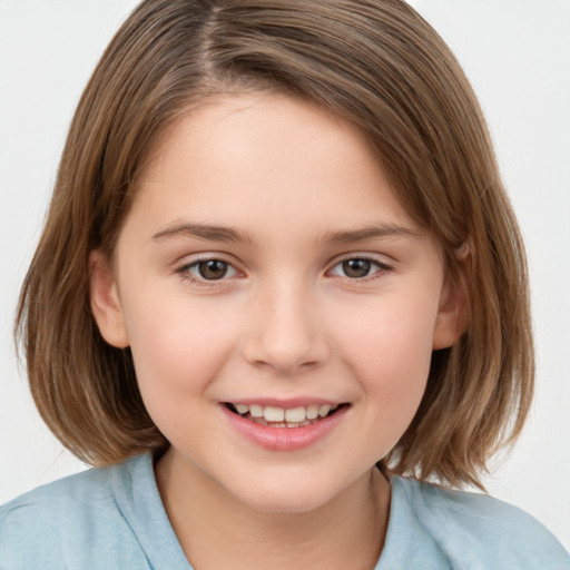 Joyful white child female with medium  brown hair and brown eyes