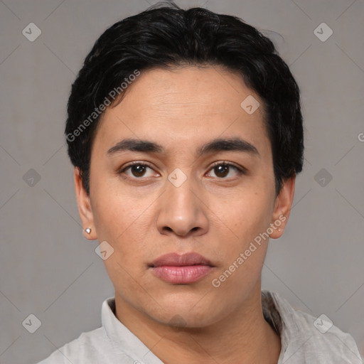 Neutral asian young-adult male with short  black hair and brown eyes