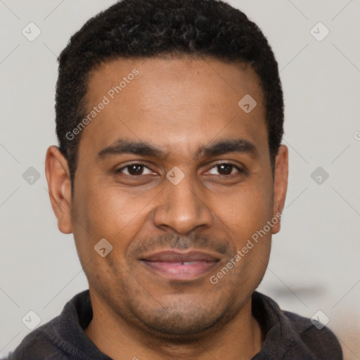 Joyful latino young-adult male with short  brown hair and brown eyes