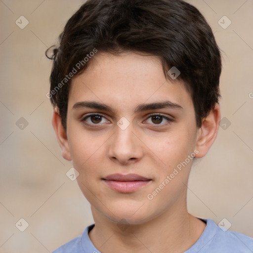 Joyful white child female with short  brown hair and brown eyes