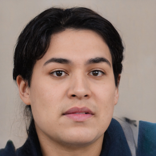 Neutral asian young-adult male with medium  black hair and brown eyes