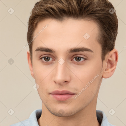 Neutral white young-adult male with short  brown hair and brown eyes