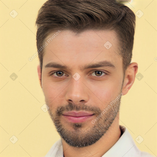 Neutral white young-adult male with short  brown hair and brown eyes