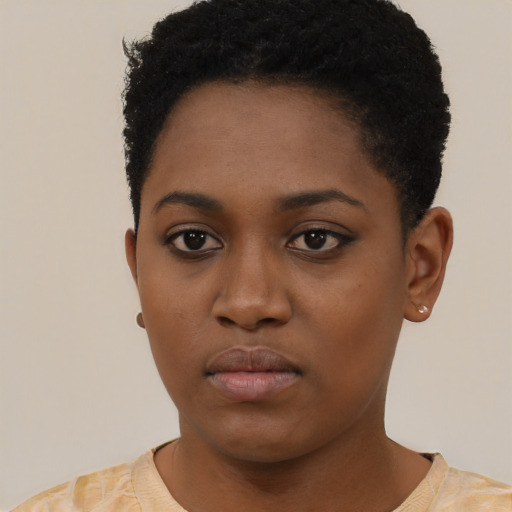 Neutral black young-adult female with short  black hair and brown eyes