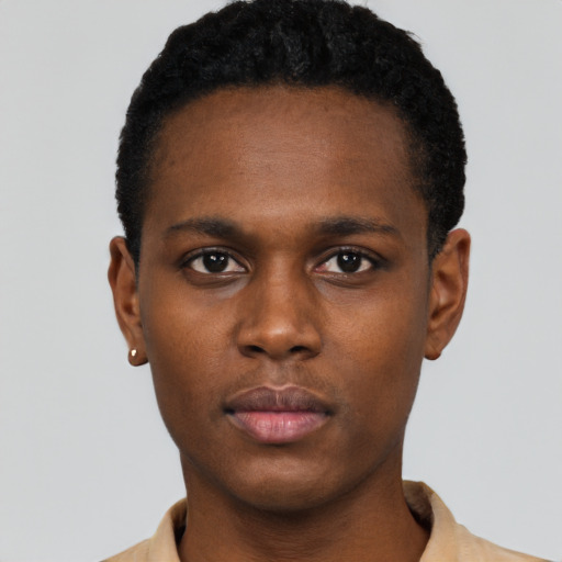 Neutral black young-adult male with short  black hair and brown eyes