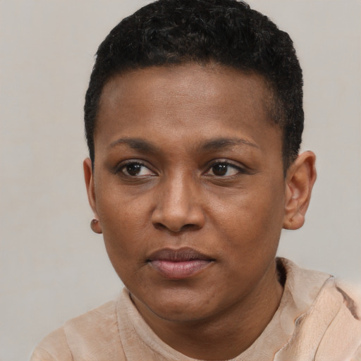 Neutral black young-adult female with short  black hair and brown eyes