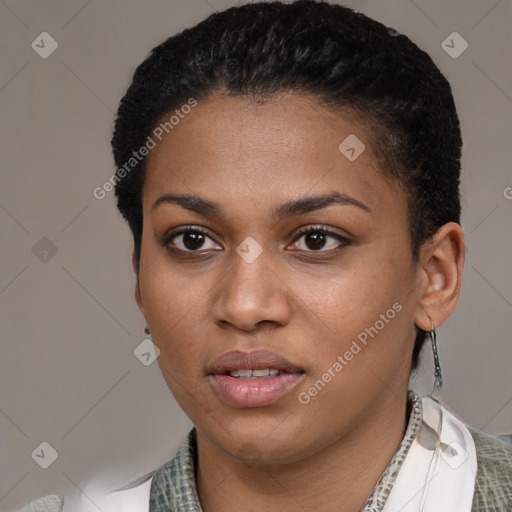 Neutral black young-adult female with short  black hair and brown eyes