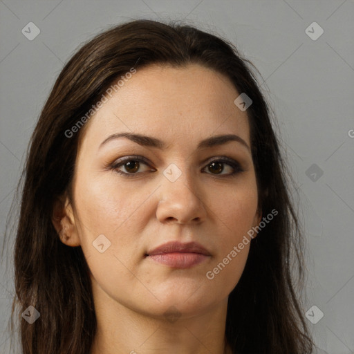 Neutral white young-adult female with long  brown hair and brown eyes