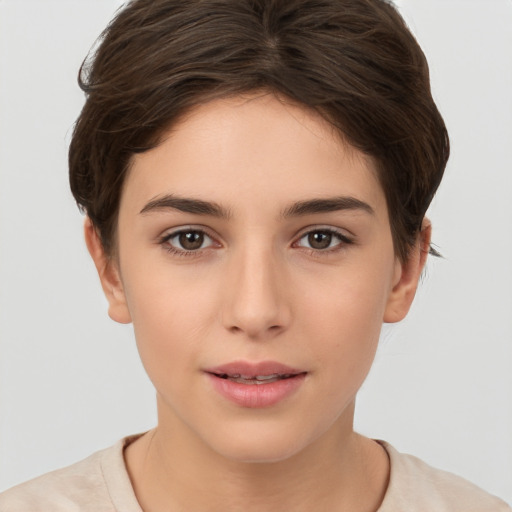 Neutral white young-adult female with short  brown hair and brown eyes