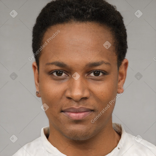 Joyful latino young-adult female with short  black hair and brown eyes