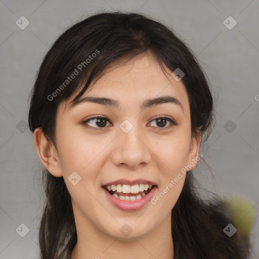 Joyful white young-adult female with medium  black hair and brown eyes