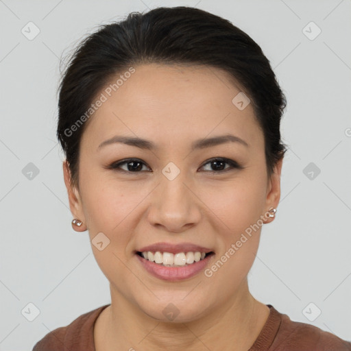 Joyful asian young-adult female with short  brown hair and brown eyes