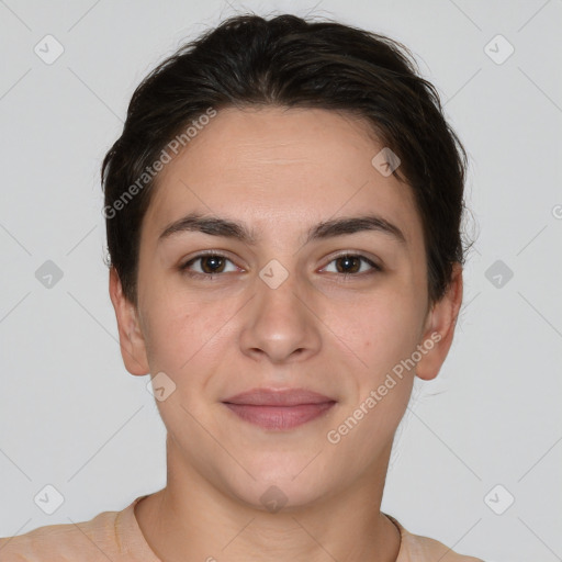 Joyful white young-adult female with short  brown hair and brown eyes