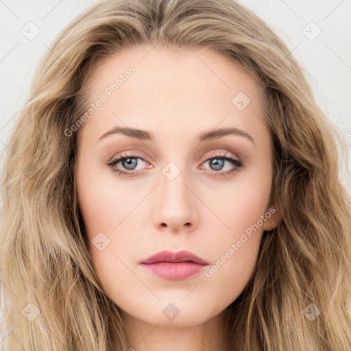 Neutral white young-adult female with long  brown hair and blue eyes