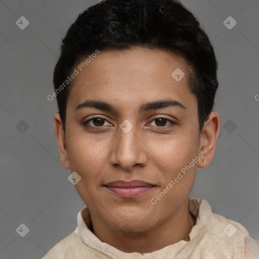 Joyful latino young-adult female with short  black hair and brown eyes