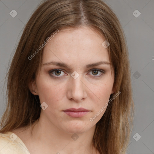 Neutral white young-adult female with long  brown hair and brown eyes