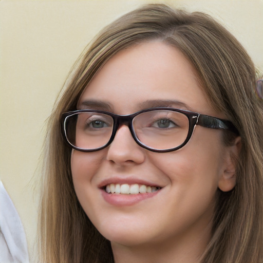 Joyful white young-adult female with long  brown hair and blue eyes