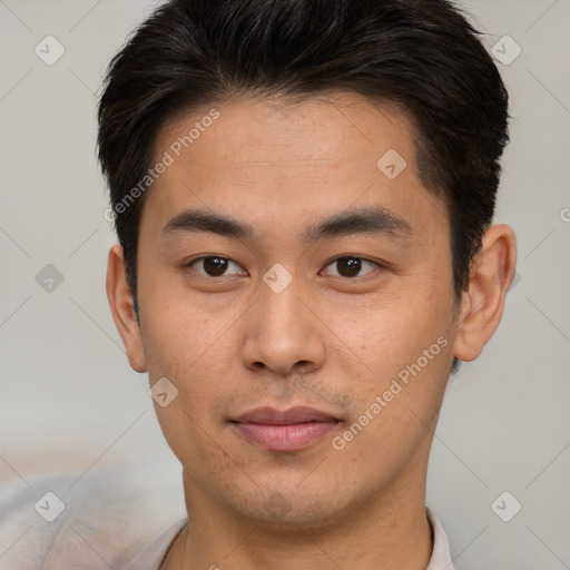 Neutral asian young-adult male with short  brown hair and brown eyes