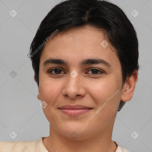 Joyful white young-adult female with short  brown hair and brown eyes