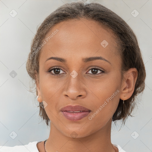 Joyful white young-adult female with medium  brown hair and brown eyes