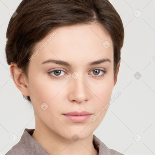 Neutral white young-adult female with short  brown hair and brown eyes