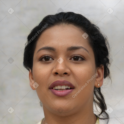 Joyful latino young-adult female with medium  black hair and brown eyes