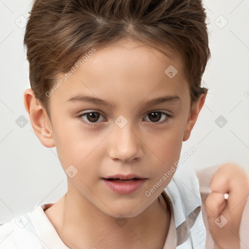 Joyful white child female with short  brown hair and brown eyes