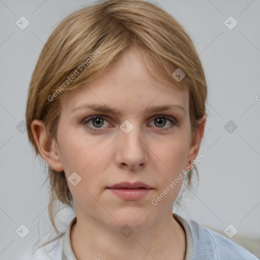 Neutral white young-adult female with medium  brown hair and grey eyes