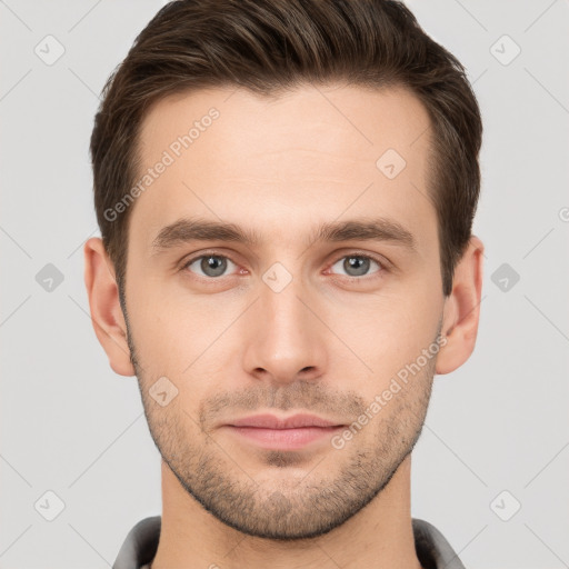 Neutral white young-adult male with short  brown hair and brown eyes