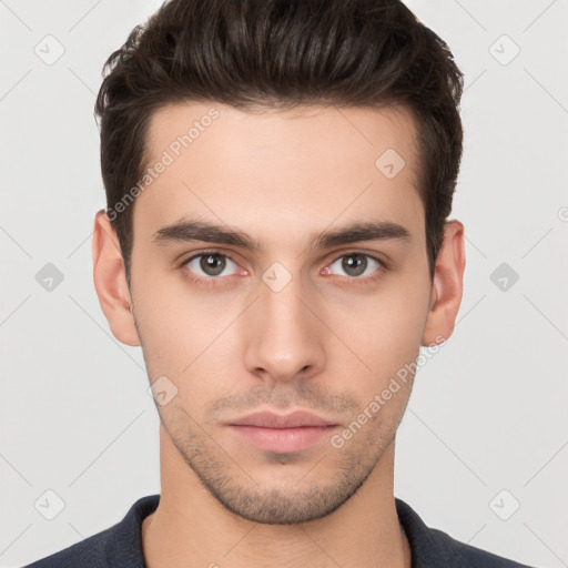 Neutral white young-adult male with short  brown hair and brown eyes