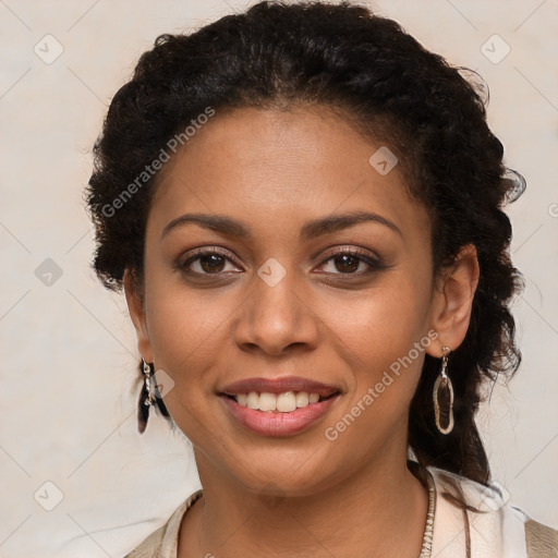 Joyful latino young-adult female with long  brown hair and brown eyes