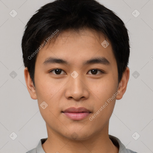 Joyful asian young-adult male with short  black hair and brown eyes