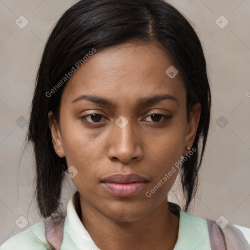 Neutral asian young-adult female with medium  black hair and brown eyes