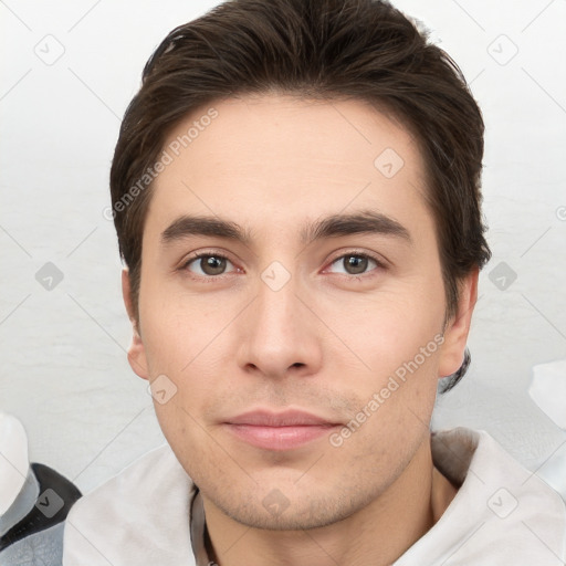 Neutral white young-adult male with short  brown hair and brown eyes