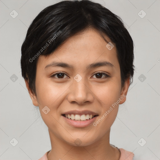 Joyful asian young-adult female with short  brown hair and brown eyes