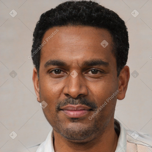 Neutral latino adult male with short  black hair and brown eyes