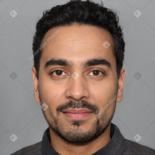 Neutral latino young-adult male with short  black hair and brown eyes