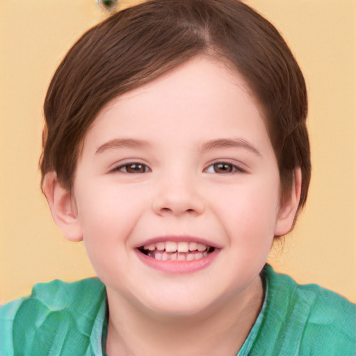 Joyful white child female with short  brown hair and brown eyes