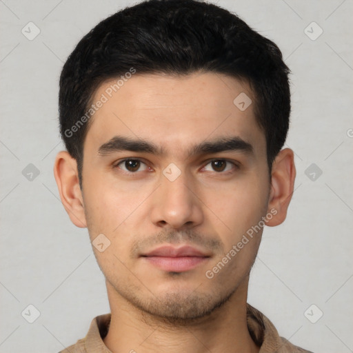 Neutral latino young-adult male with short  black hair and brown eyes